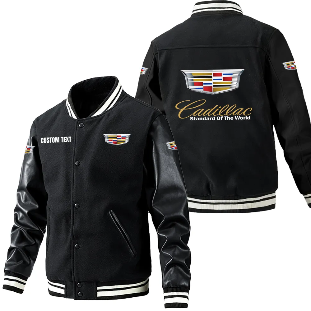 Cadillac Leder-Baseballjacke für Auto-Fans – Ärmel mit All-Over-Print, personalisierbar mit Wunschname CAR1801112069 - Schwarz
