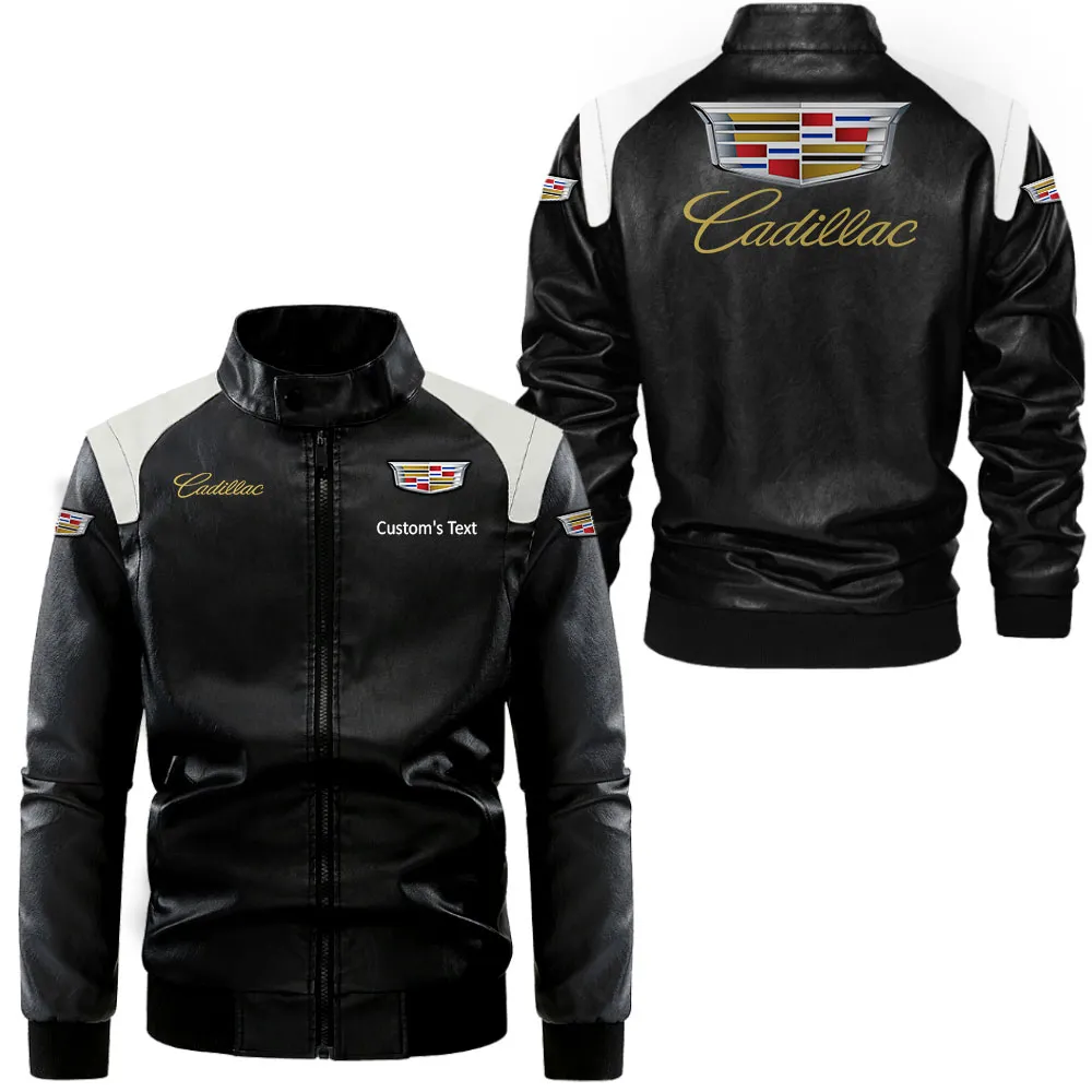 cadillac lederjacke in schwarz wei fr auto fans allover print personalisierbar mit wunschname car0801062080 olubf