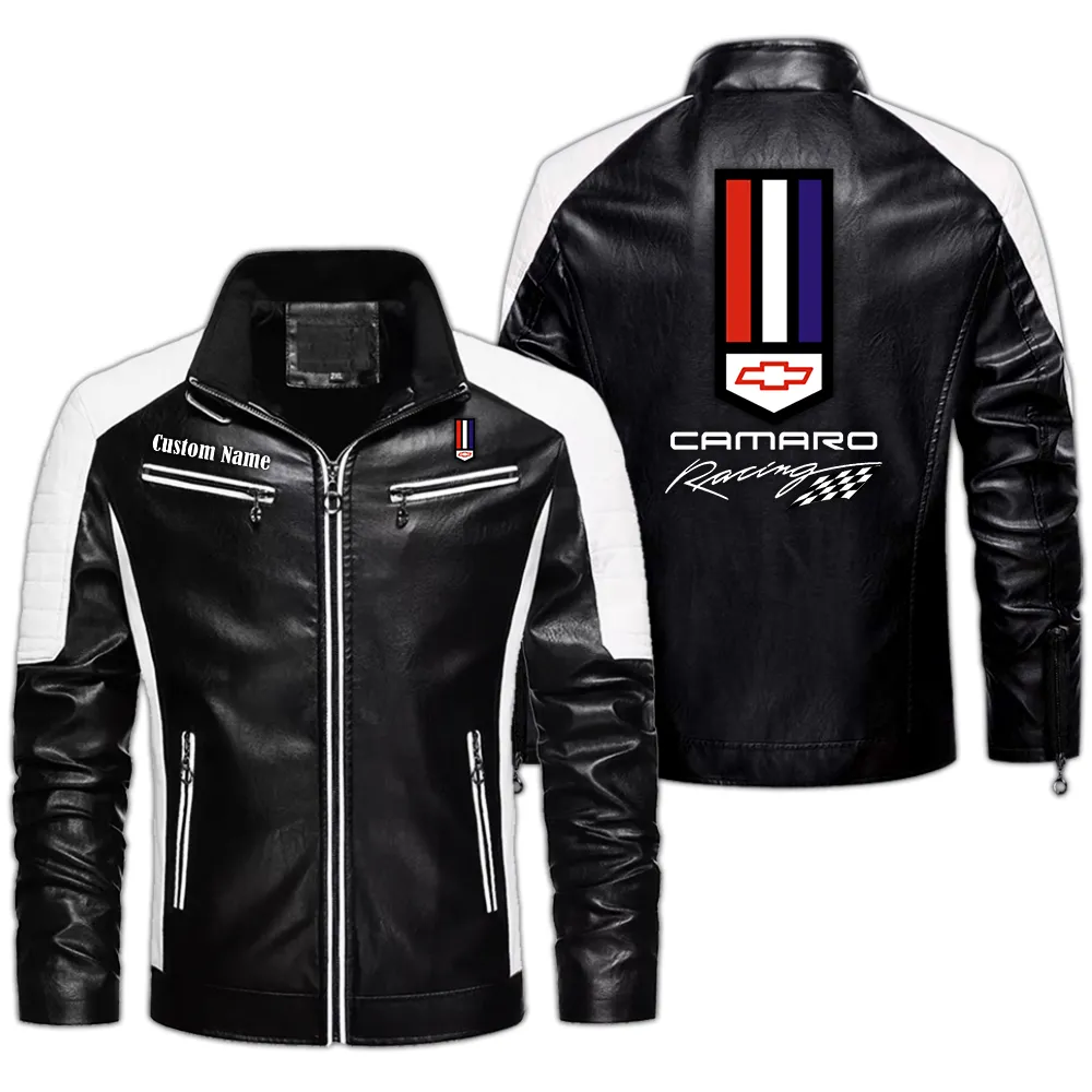 camaro racing Custom Herren Lederjacke für Autoliebhaber, Perfektes Geschenk mit Namen  CAR0401022084 - Schwarz
