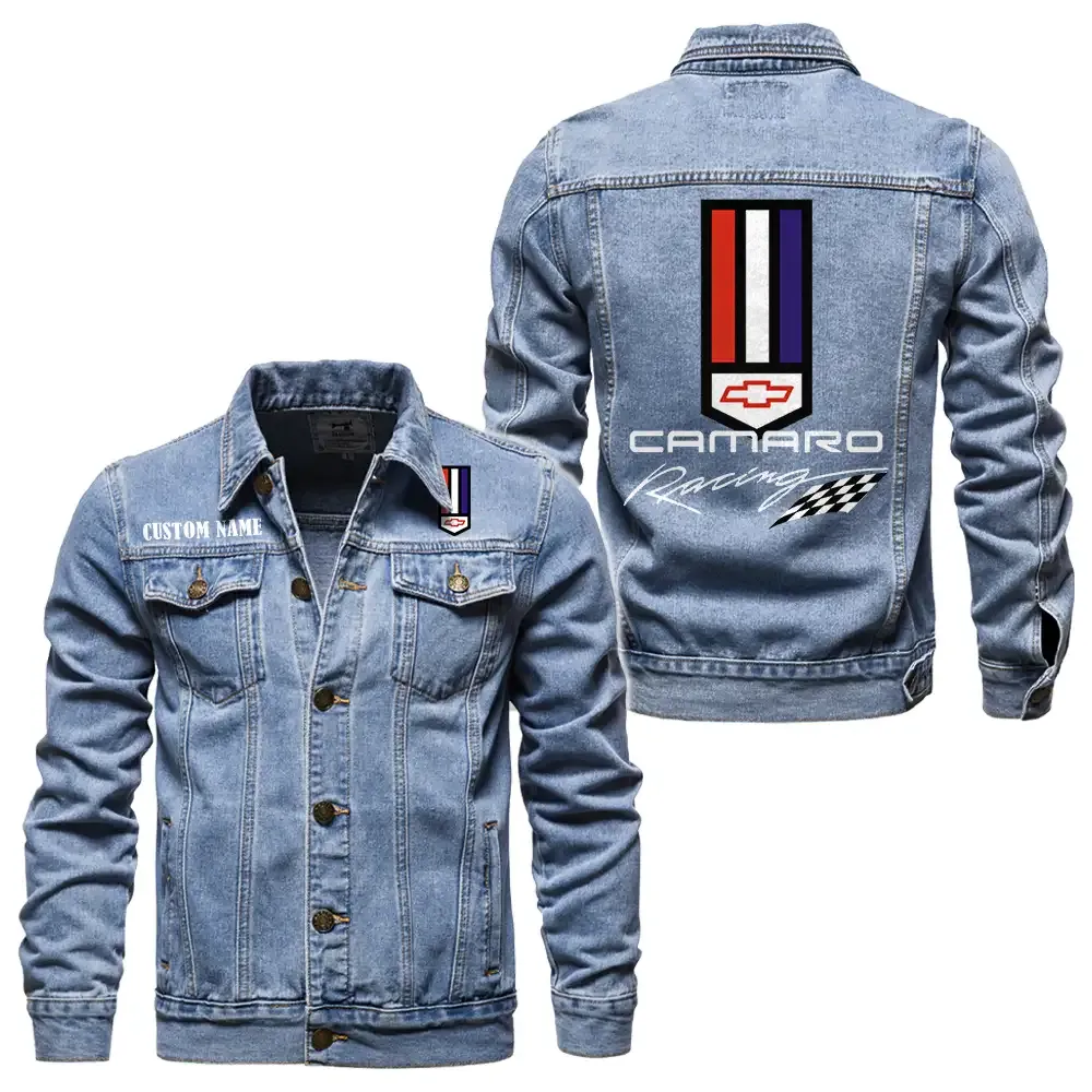 Camaro racing Jeansjacke für Auto-Fans – Vintage-Stil mit Wunschname personalisierbar CAR1901132067 - Hellblau