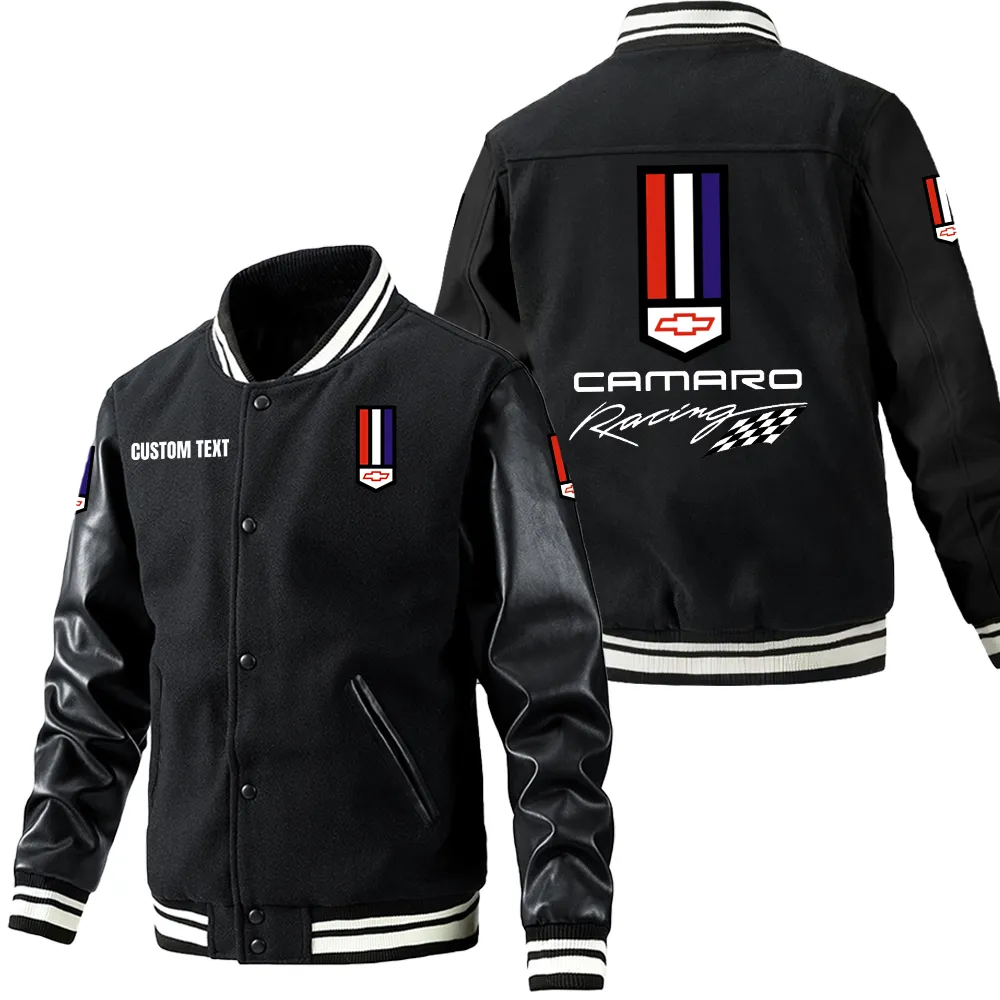 Camaro racing Leder-Baseballjacke für Auto-Fans – Ärmel mit All-Over-Print, personalisierbar mit Wunschname CAR1801112070 - Schwarz