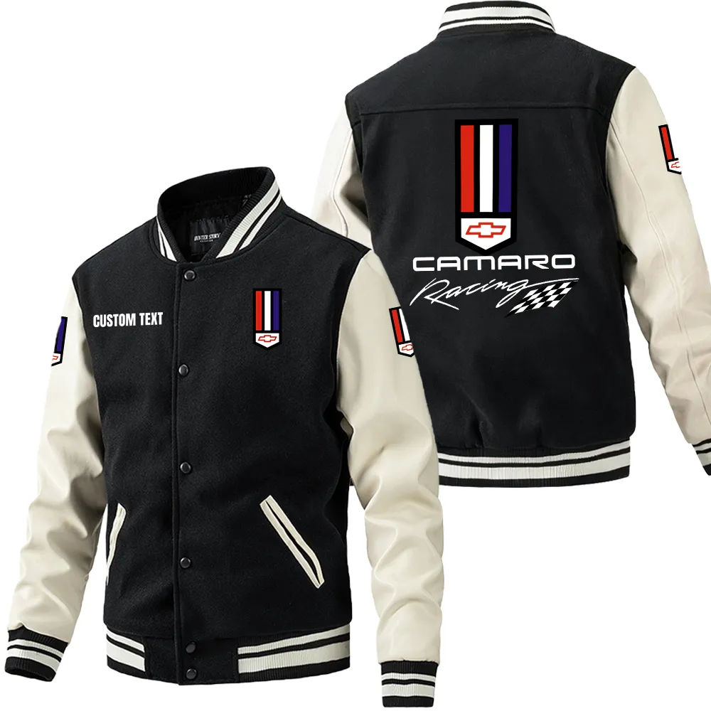Camaro racing Leder-Baseballjacke für Auto-Fans – Ärmel mit All-Over-Print, personalisierbar mit Wunschname CAR1801112070 - Schwarz Weiß
