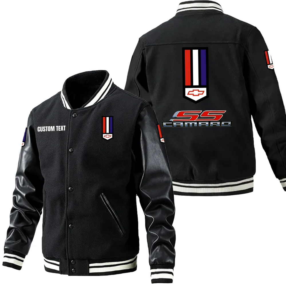 Camaro SS Leder-Baseballjacke für Auto-Fans – Ärmel mit All-Over-Print, personalisierbar mit Wunschname CAR1801112059 - Schwarz
