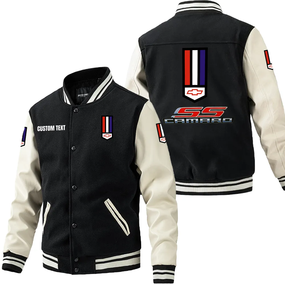 Camaro SS Leder-Baseballjacke für Auto-Fans – Ärmel mit All-Over-Print, personalisierbar mit Wunschname CAR1801112059 - Schwarz Weiß