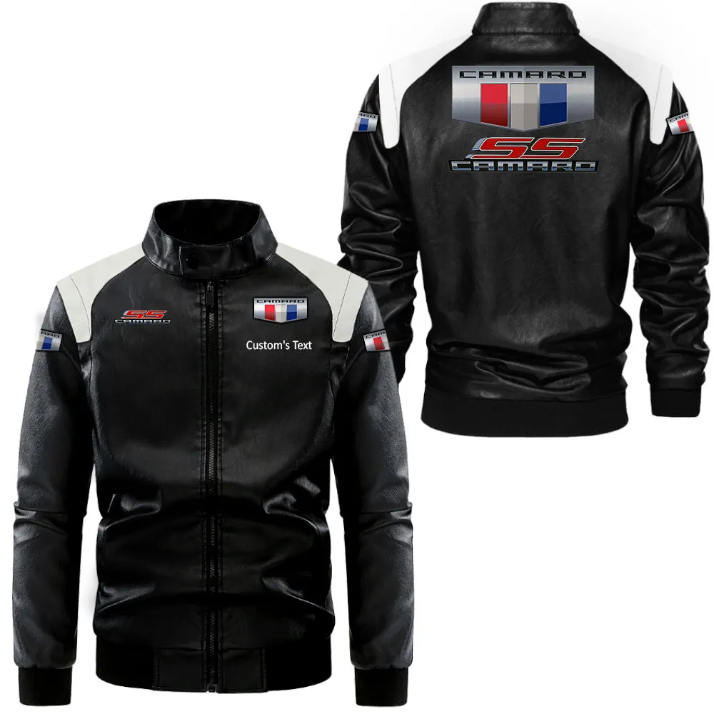 camaro ss Lederjacke in Schwarz-Weiß für Auto-Fans, Allover-Print, personalisierbar mit Wunschname CAR0801062082