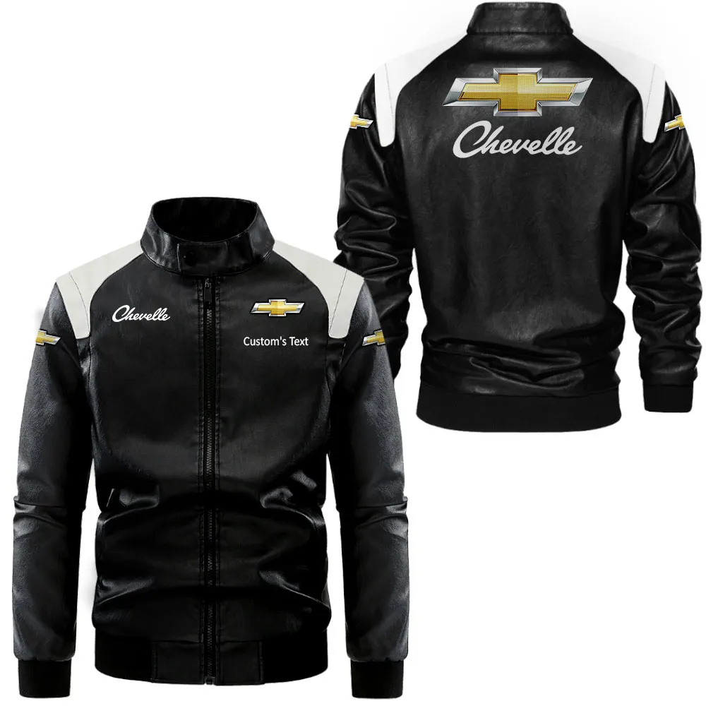 Chevrolet Chevelle Lederjacke in Schwarz-Weiß für Auto-Fans, Allover-Print, personalisierbar mit Wunschname CAR0801062097