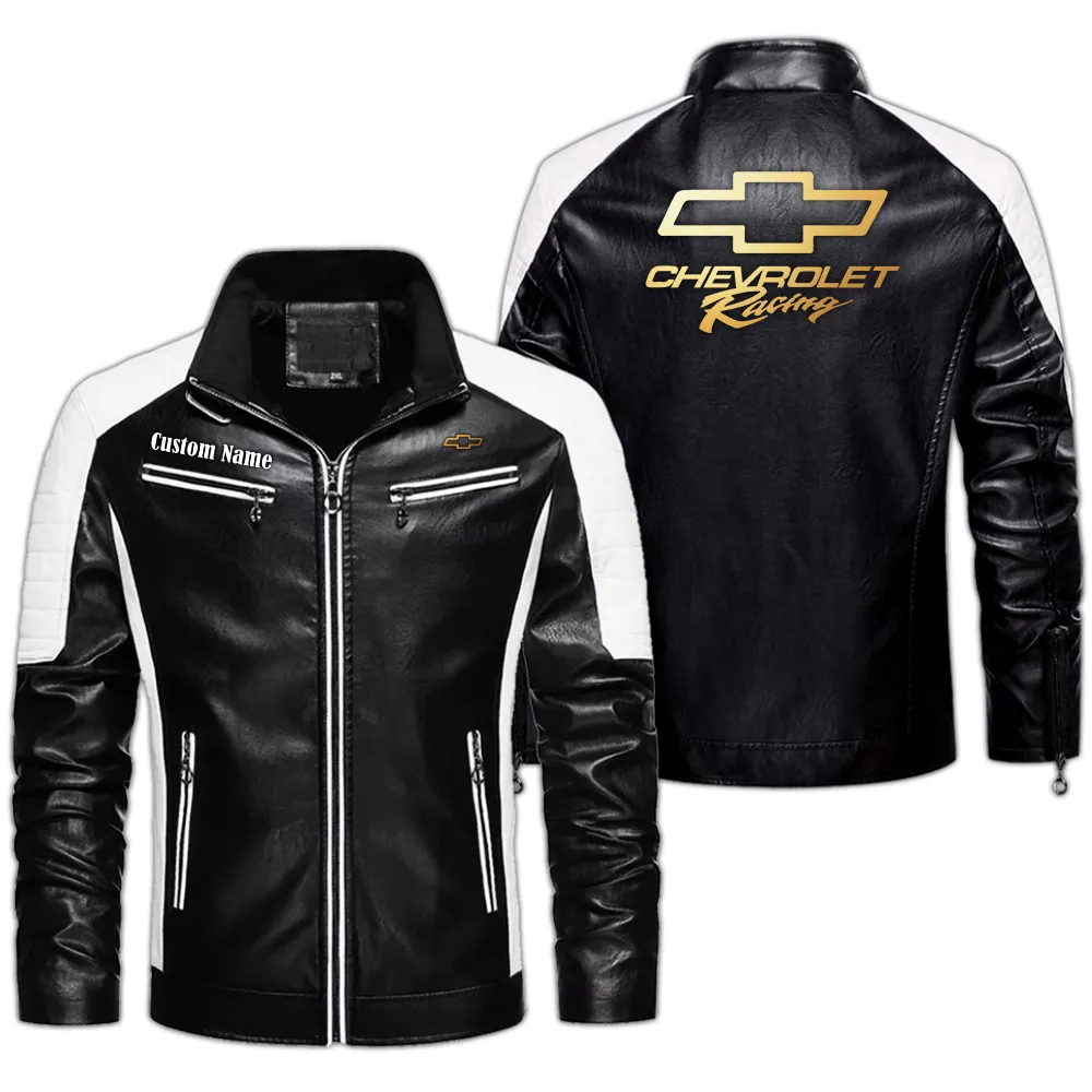 chevy racing Custom Herren Lederjacke für Autoliebhaber, Perfektes Geschenk mit Namen  CAR0401022107 - Schwarz