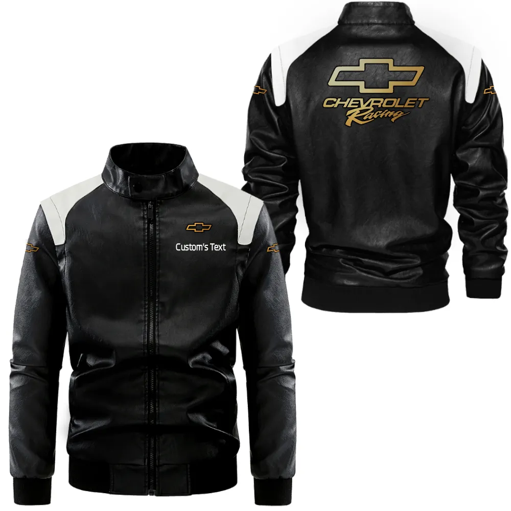 chevy racing Lederjacke in Schwarz-Weiß für Auto-Fans, Allover-Print, personalisierbar mit Wunschname CAR0801062104