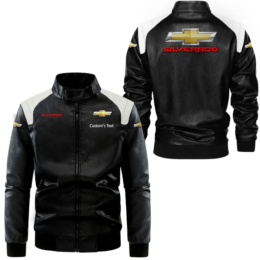 chevy silverado Lederjacke in Schwarz-Weiß für Auto-Fans, Allover-Print, personalisierbar mit Wunschname CAR0801062107