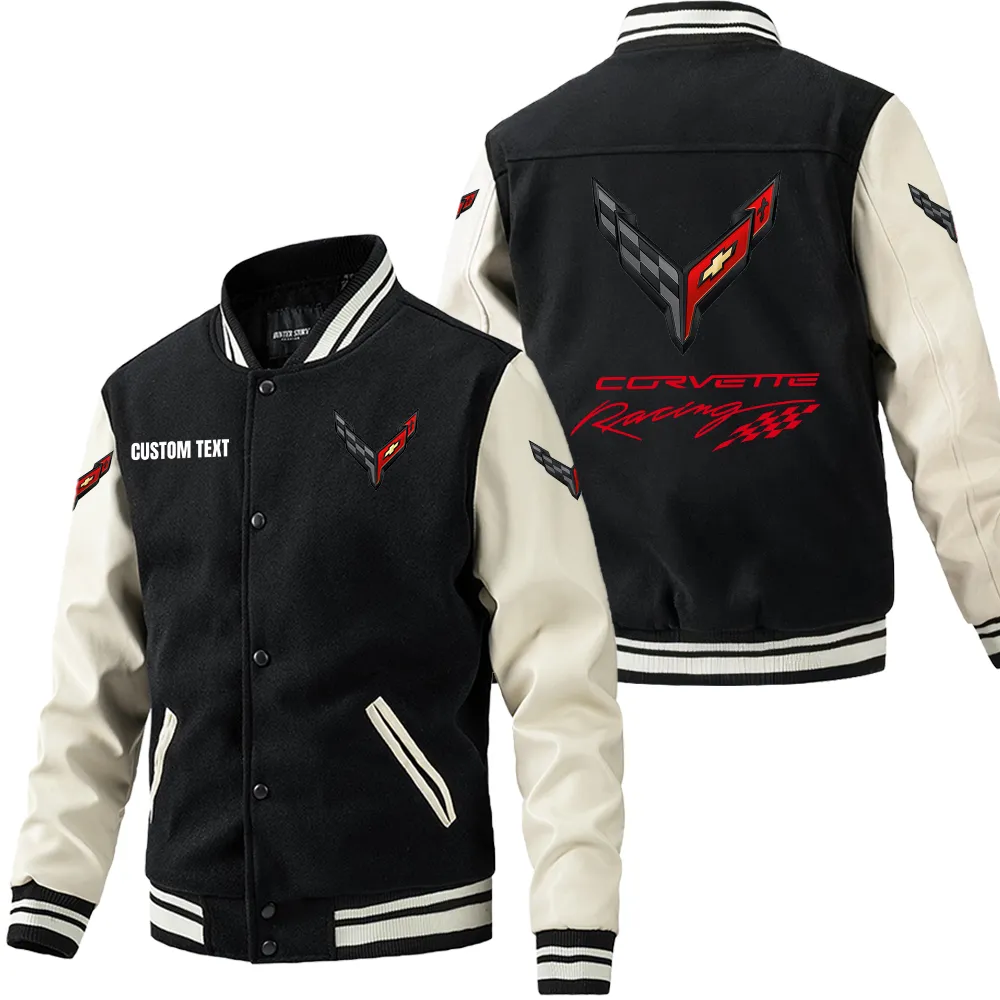 Corvette C8 Leder-Baseballjacke für Auto-Fans – Ärmel mit All-Over-Print, personalisierbar mit Wunschname CAR1801112075 - Schwarz Weiß