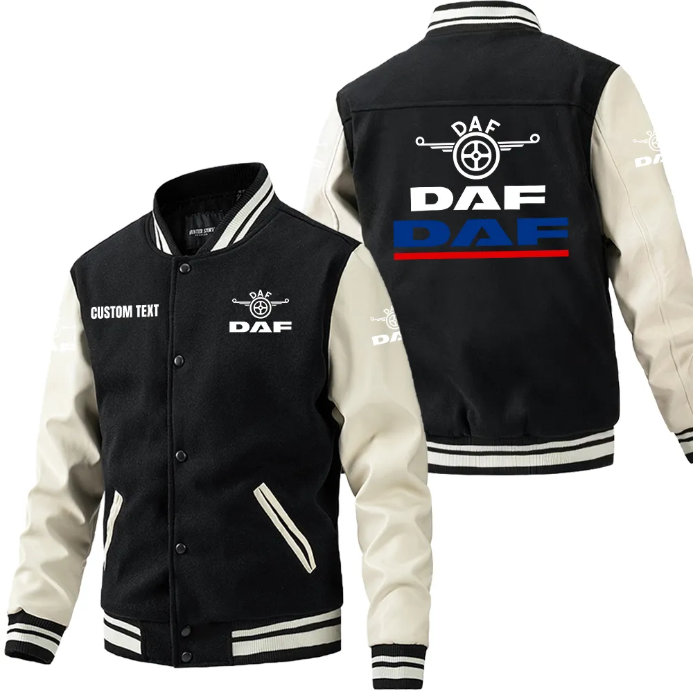 Daf Leder-Baseballjacke für Auto-Fans – Ärmel mit All-Over-Print, personalisierbar mit Wunschname CAR1801112076 - Schwarz Weiß