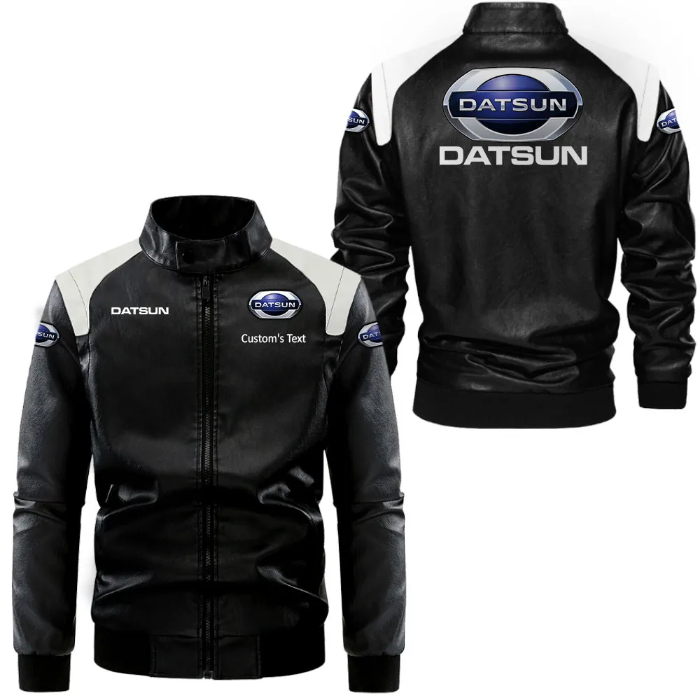 Datsun Lederjacke in Schwarz-Weiß für Auto-Fans, Allover-Print, personalisierbar mit Wunschname CAR0801062115