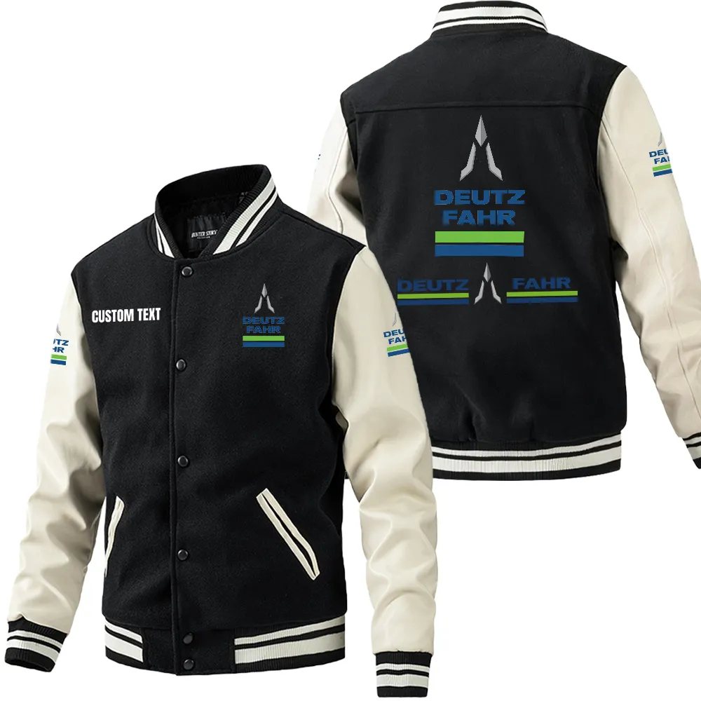 Deutz Fahr Leder-Baseballjacke für Auto-Fans – Ärmel mit All-Over-Print, personalisierbar mit Wunschname CAR1801112077 - Schwarz Weiß