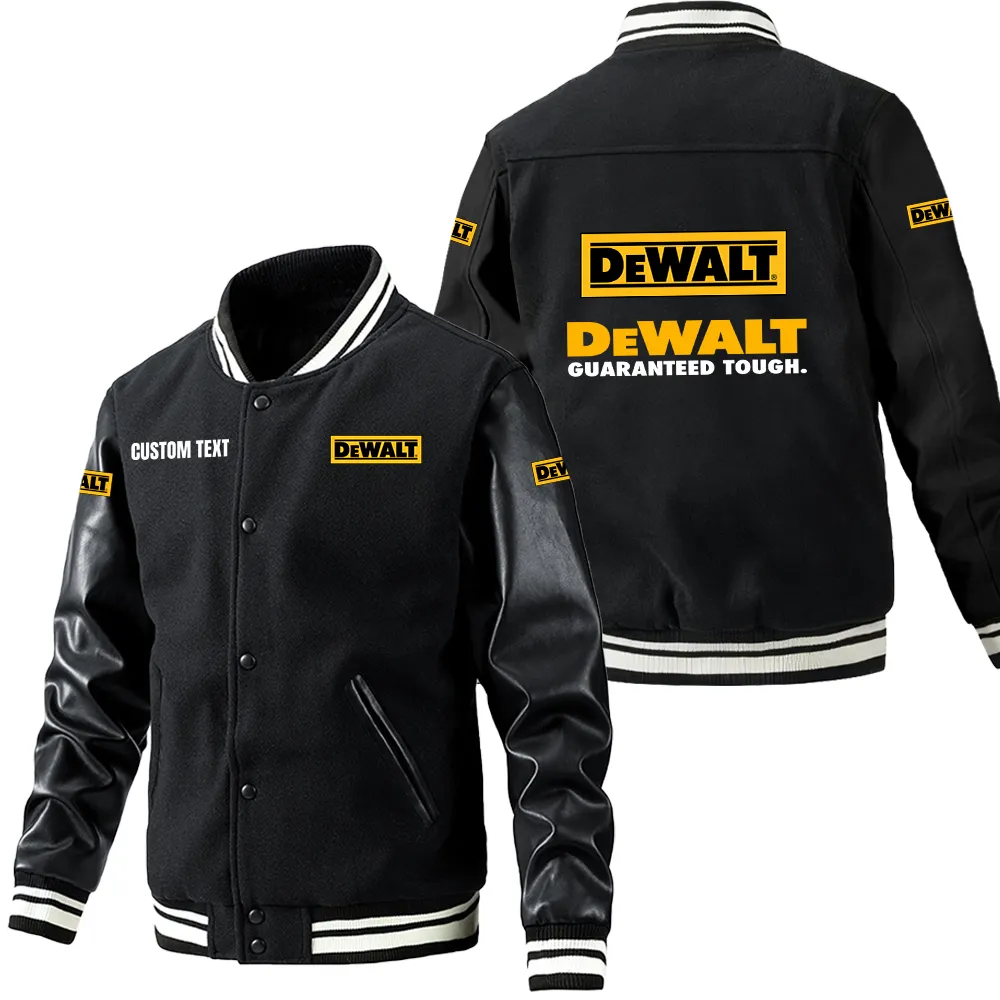 DeWalt Leder-Baseballjacke für Auto-Fans – Ärmel mit All-Over-Print, personalisierbar mit Wunschname CAR1801112079 - Schwarz