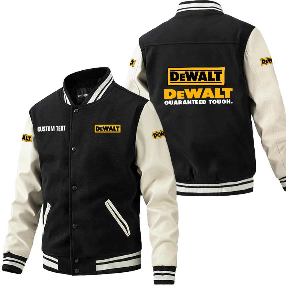 DeWalt Leder-Baseballjacke für Auto-Fans – Ärmel mit All-Over-Print, personalisierbar mit Wunschname CAR1801112079 - Schwarz Weiß