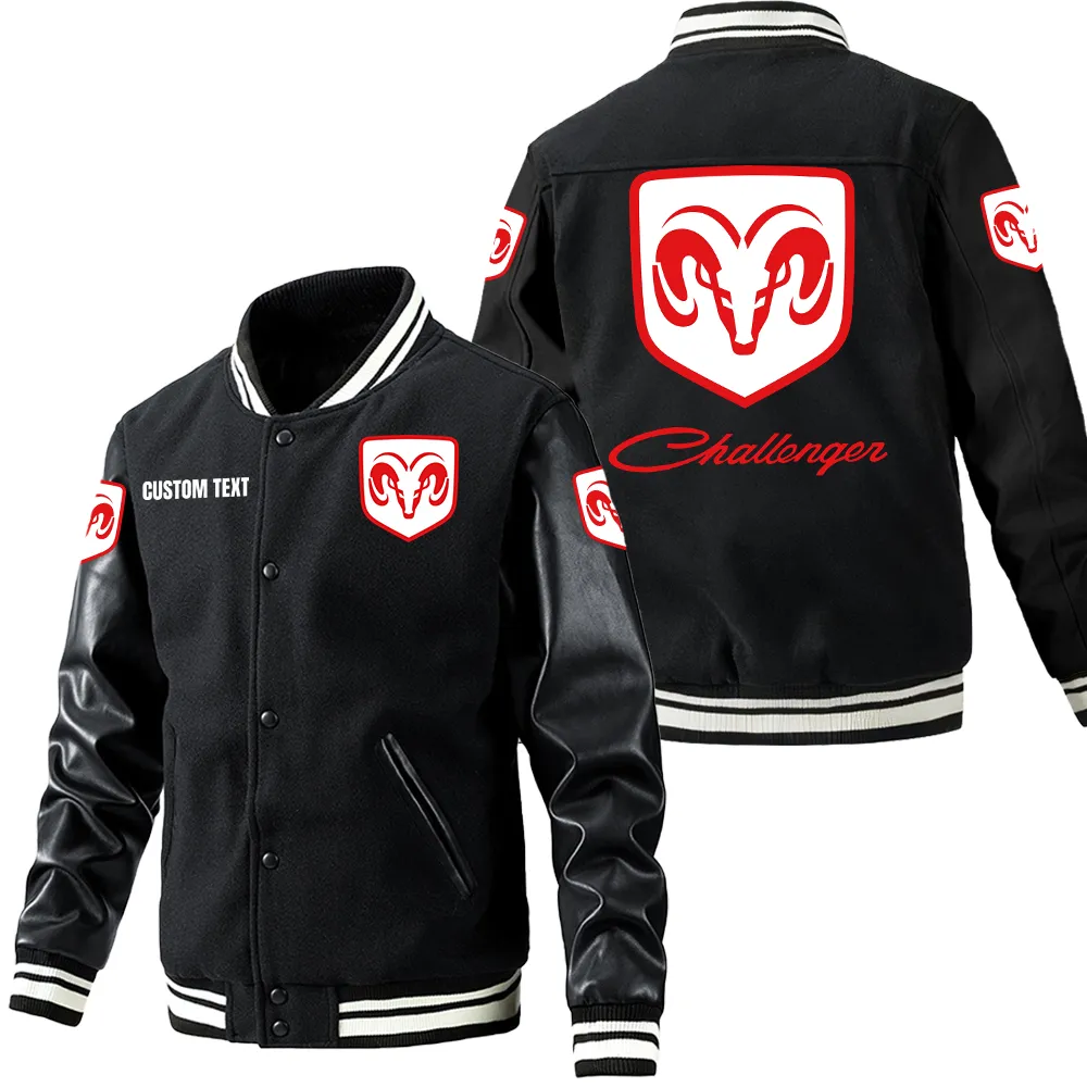 Dodge Challenger Leder-Baseballjacke für Auto-Fans – Ärmel mit All-Over-Print, personalisierbar mit Wunschname CAR1801112080 - Schwarz
