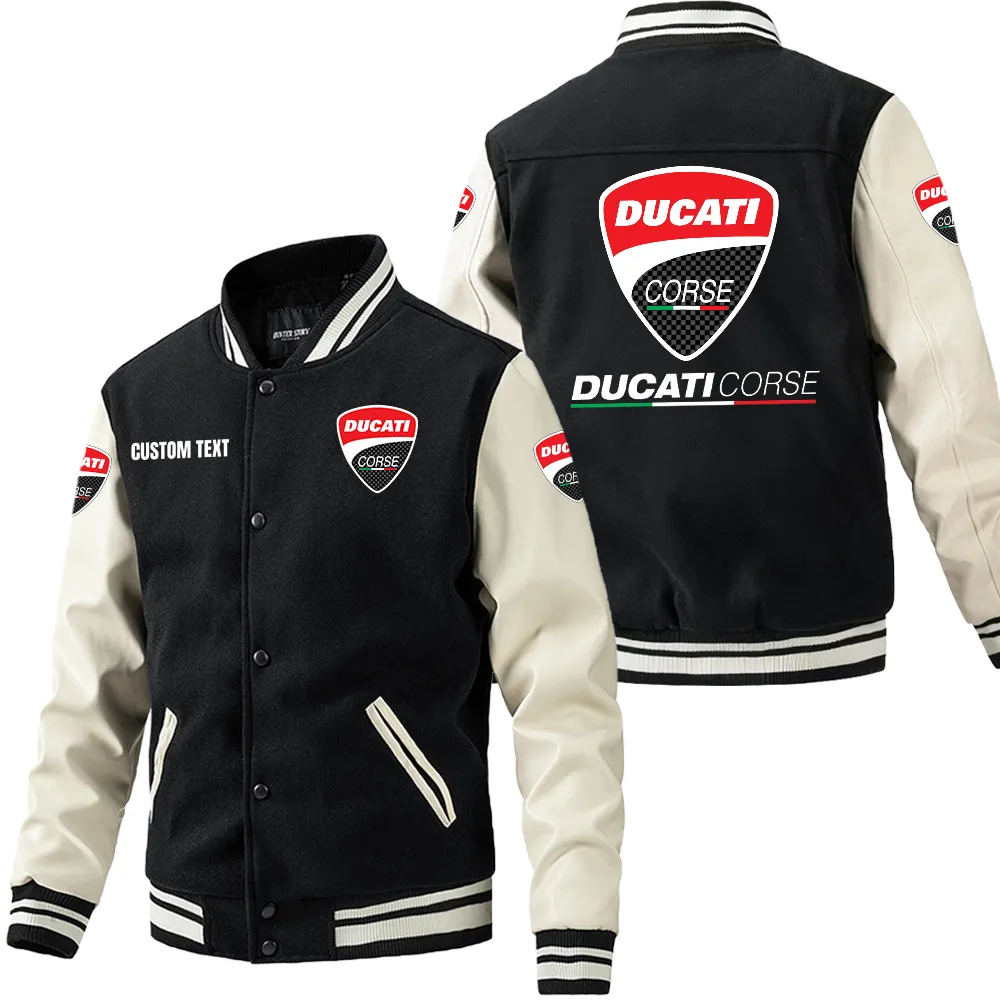 Ducati Corse Leder-Baseballjacke für Auto-Fans – Ärmel mit All-Over-Print, personalisierbar mit Wunschname CAR1801112083 - Schwarz Weiß