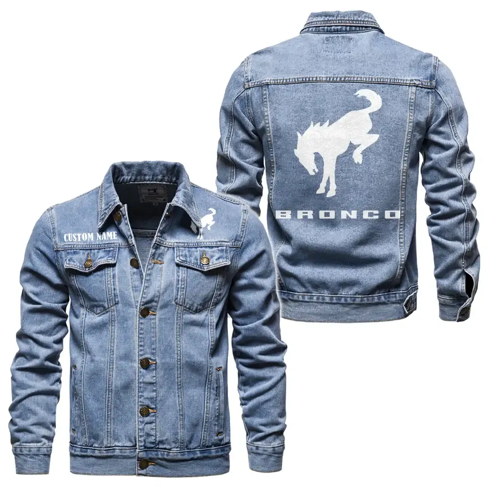 Ford Bronco Jeansjacke für Auto-Fans – Vintage-Stil mit Wunschname personalisierbar CAR1901132109 - Hellblau
