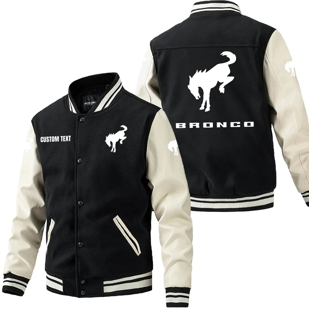 Ford Bronco Leder-Baseballjacke für Auto-Fans – Ärmel mit All-Over-Print, personalisierbar mit Wunschname CAR1801112089 - Schwarz Weiß