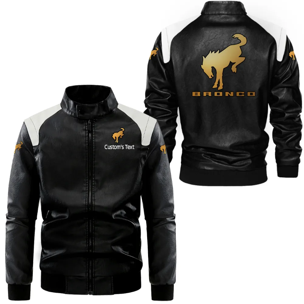 ford bronco Lederjacke in Schwarz-Weiß für Auto-Fans, Allover-Print, personalisierbar mit Wunschname CAR0801062134