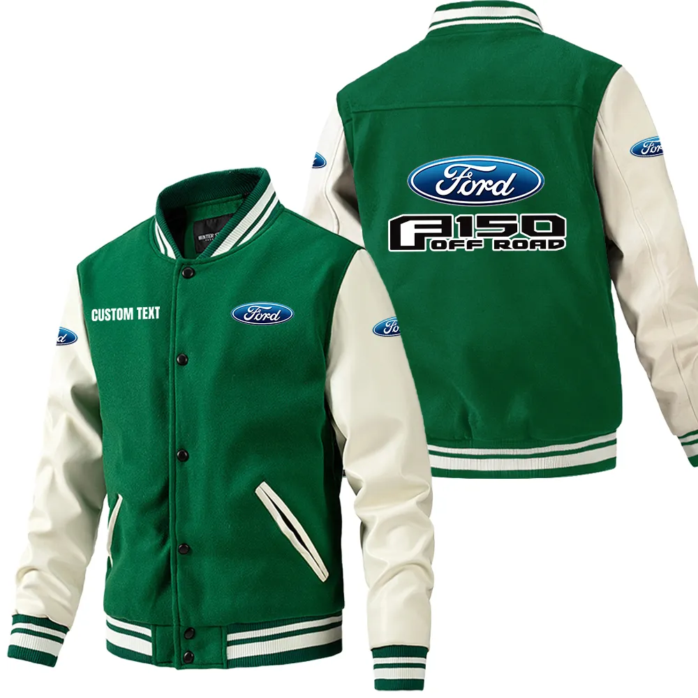 Ford F150 Leder-Baseballjacke für Auto-Fans – Ärmel mit All-Over-Print, personalisierbar mit Wunschname CAR1801112090 - Grün