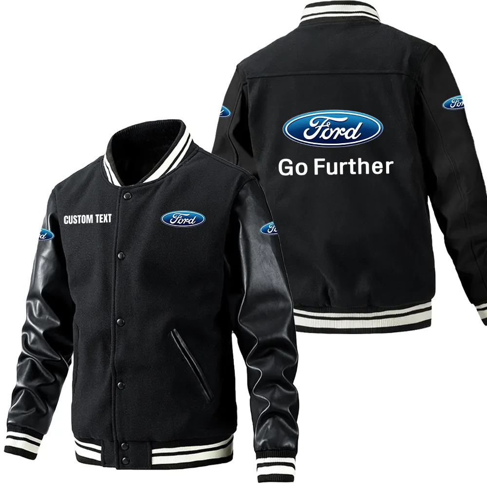 Ford Motor Company Leder-Baseballjacke für Auto-Fans – Ärmel mit All-Over-Print, personalisierbar mit Wunschname CAR1801112092 - Schwarz