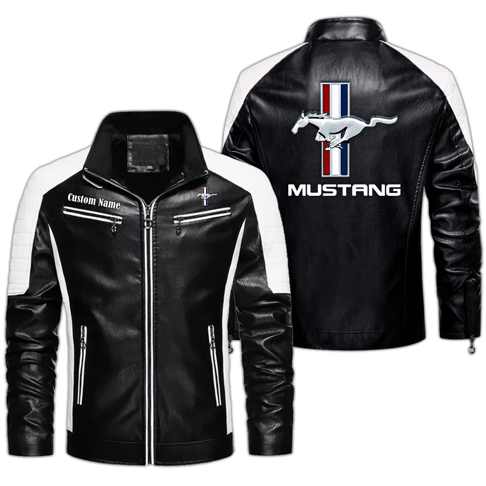 Ford Mustang Custom Herren Lederjacke für Autoliebhaber, Perfektes Geschenk mit Namen  CAR0401022142 - Schwarz