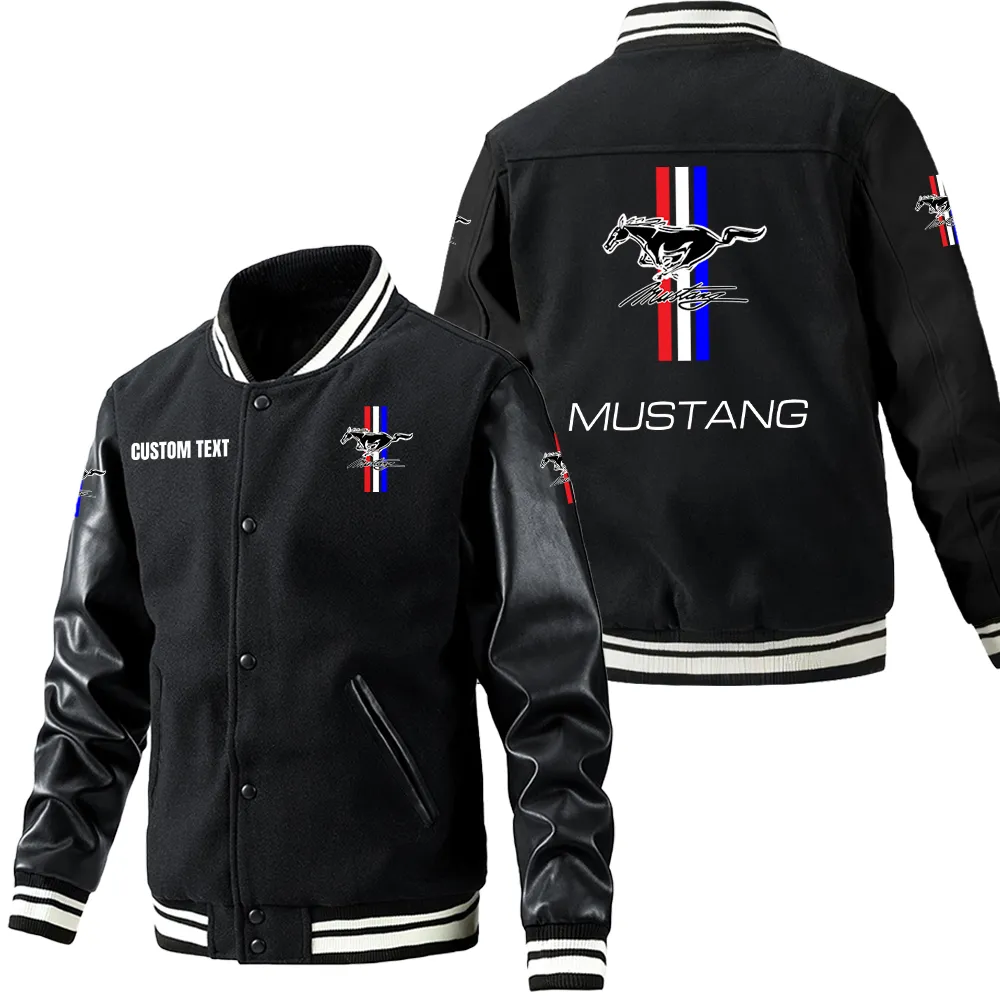Ford Mustang Leder-Baseballjacke für Auto-Fans – Ärmel mit All-Over-Print, personalisierbar mit Wunschname CAR1801112093 - Schwarz