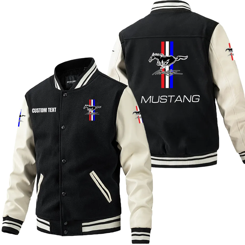 Ford Mustang Leder-Baseballjacke für Auto-Fans – Ärmel mit All-Over-Print, personalisierbar mit Wunschname CAR1801112093 - Schwarz Weiß