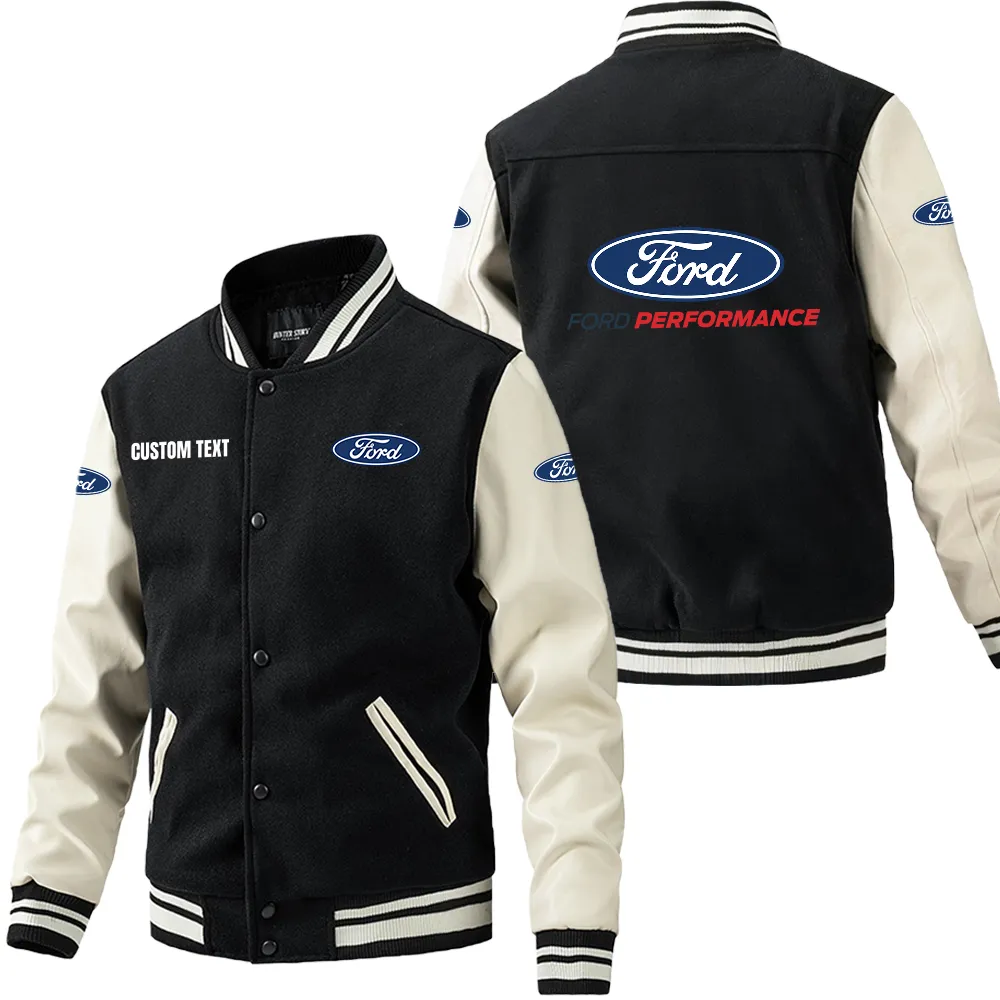 Ford performance Leder-Baseballjacke für Auto-Fans – Ärmel mit All-Over-Print, personalisierbar mit Wunschname CAR1801112094 - Schwarz Weiß