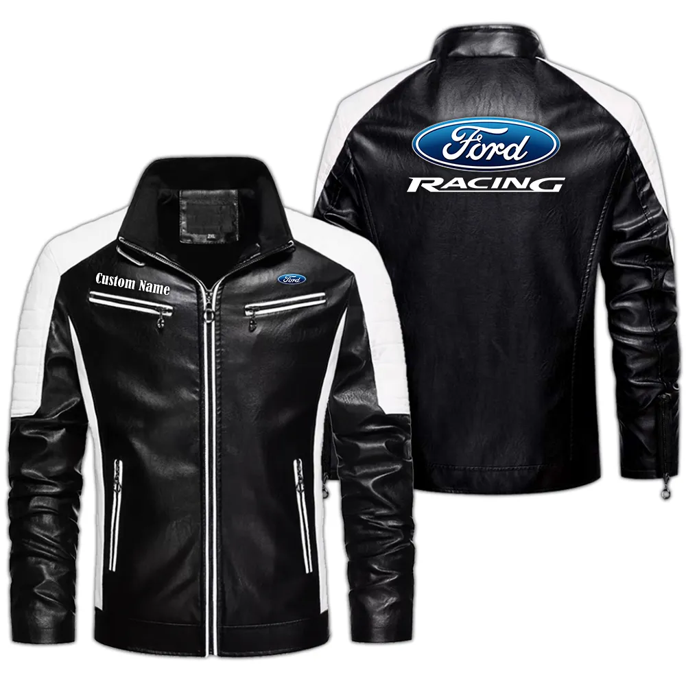 Ford Racing Custom Herren Lederjacke für Autoliebhaber, Perfektes Geschenk mit Namen  CAR0401022145 - Schwarz