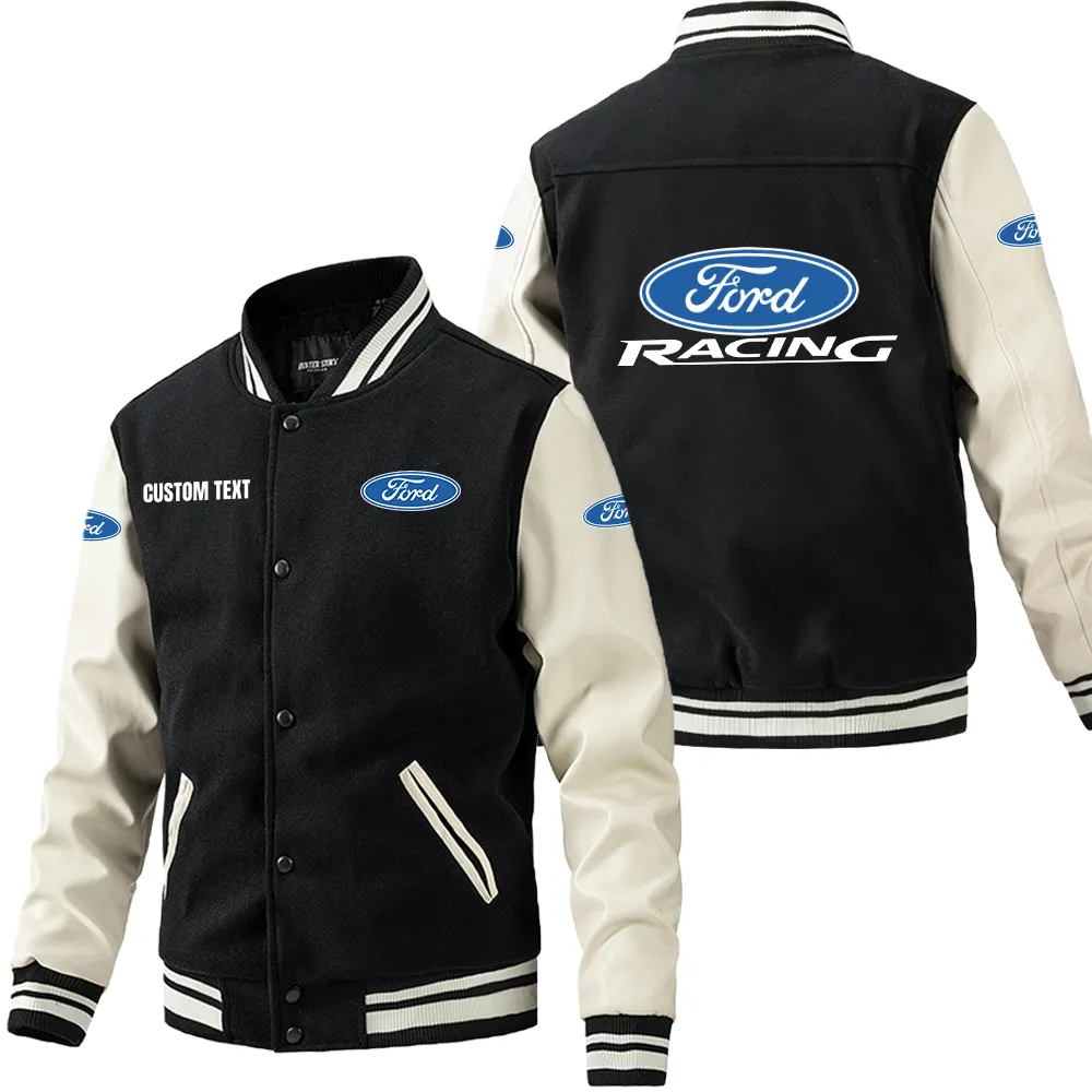 Ford Racing Leder-Baseballjacke für Auto-Fans – Ärmel mit All-Over-Print, personalisierbar mit Wunschname CAR1801112095 - Schwarz Weiß