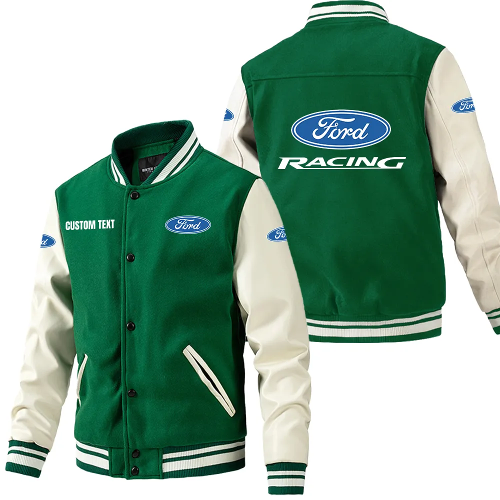Ford Racing Leder-Baseballjacke für Auto-Fans – Ärmel mit All-Over-Print, personalisierbar mit Wunschname CAR1801112096 - Grün