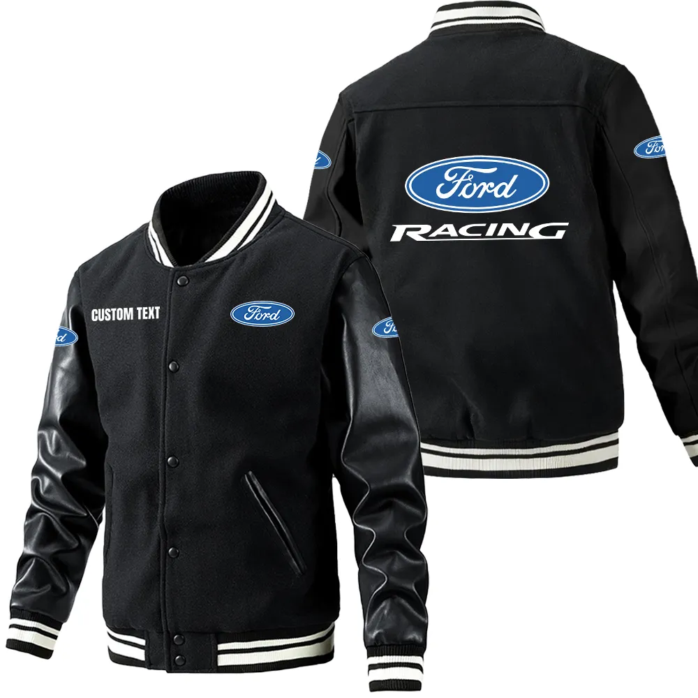 Ford Racing Leder-Baseballjacke für Auto-Fans – Ärmel mit All-Over-Print, personalisierbar mit Wunschname CAR1801112096 - Schwarz