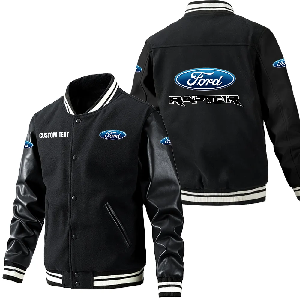 Ford raptor Leder-Baseballjacke für Auto-Fans – Ärmel mit All-Over-Print, personalisierbar mit Wunschname CAR1801112097 - Schwarz