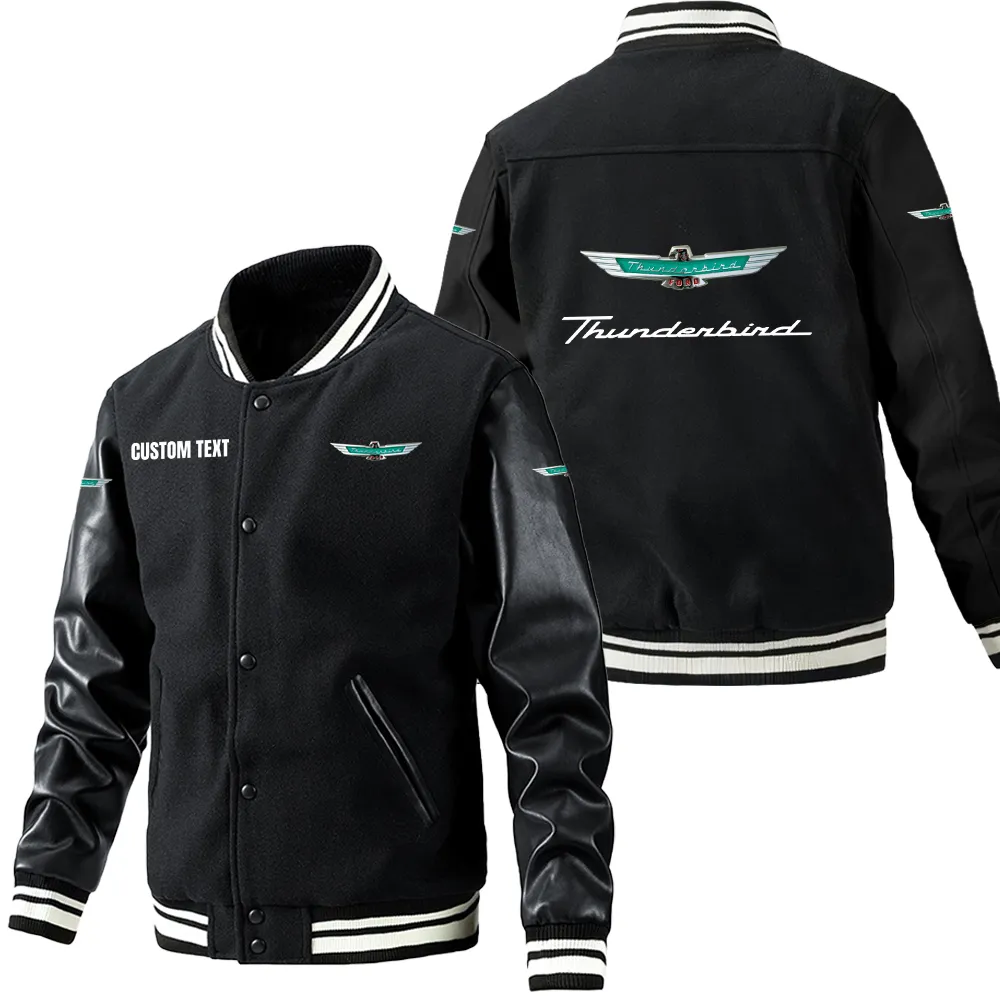 Ford thunderbird Leder-Baseballjacke für Auto-Fans – Ärmel mit All-Over-Print, personalisierbar mit Wunschname CAR1801112098 - Schwarz