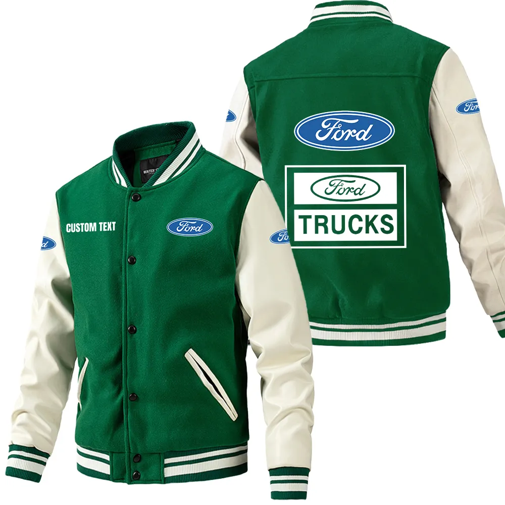 Ford truck Leder-Baseballjacke für Auto-Fans – Ärmel mit All-Over-Print, personalisierbar mit Wunschname CAR1801112099 - Grün