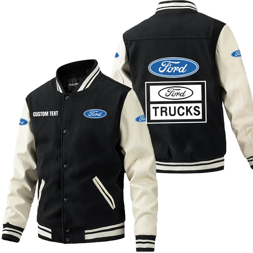 Ford truck Leder-Baseballjacke für Auto-Fans – Ärmel mit All-Over-Print, personalisierbar mit Wunschname CAR1801112099 - Schwarz Weiß