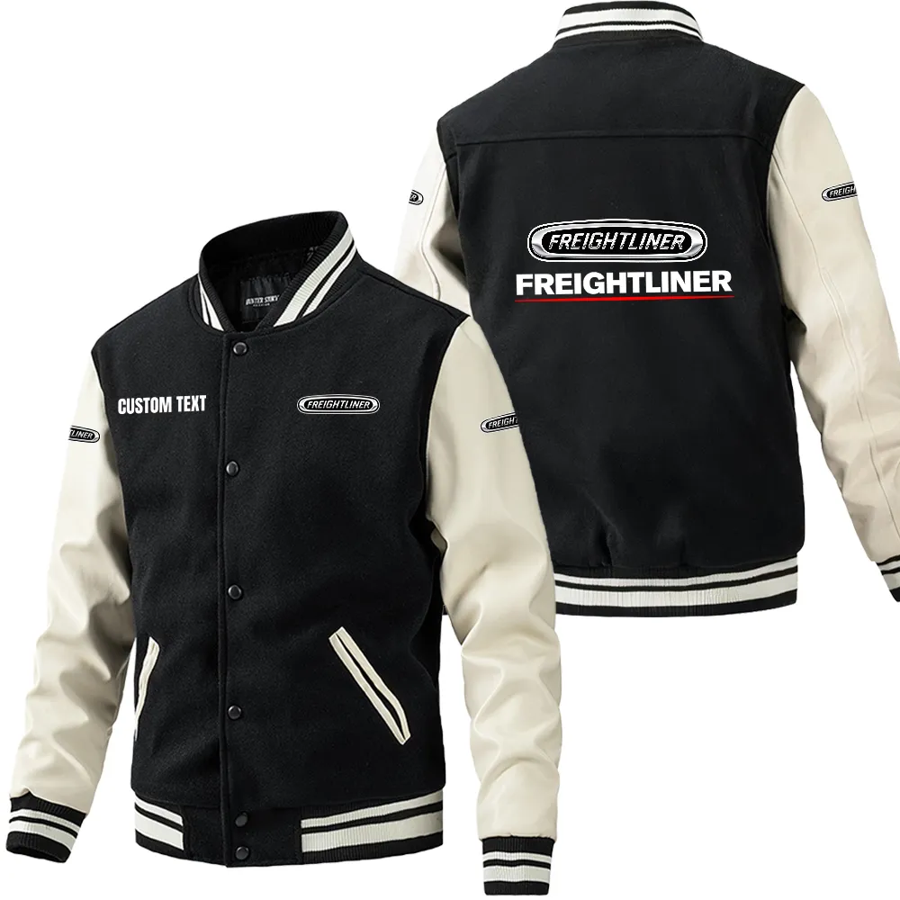 Freightliner Leder-Baseballjacke für Auto-Fans – Ärmel mit All-Over-Print, personalisierbar mit Wunschname CAR1801112100 - Schwarz Weiß