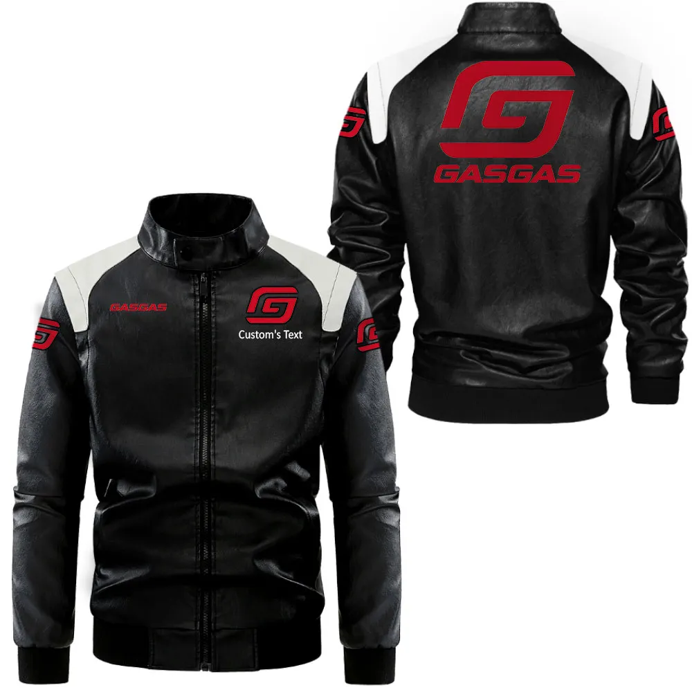 Gas Gas Lederjacke in Schwarz-Weiß für Auto-Fans, Allover-Print, personalisierbar mit Wunschname CAR0801062155
