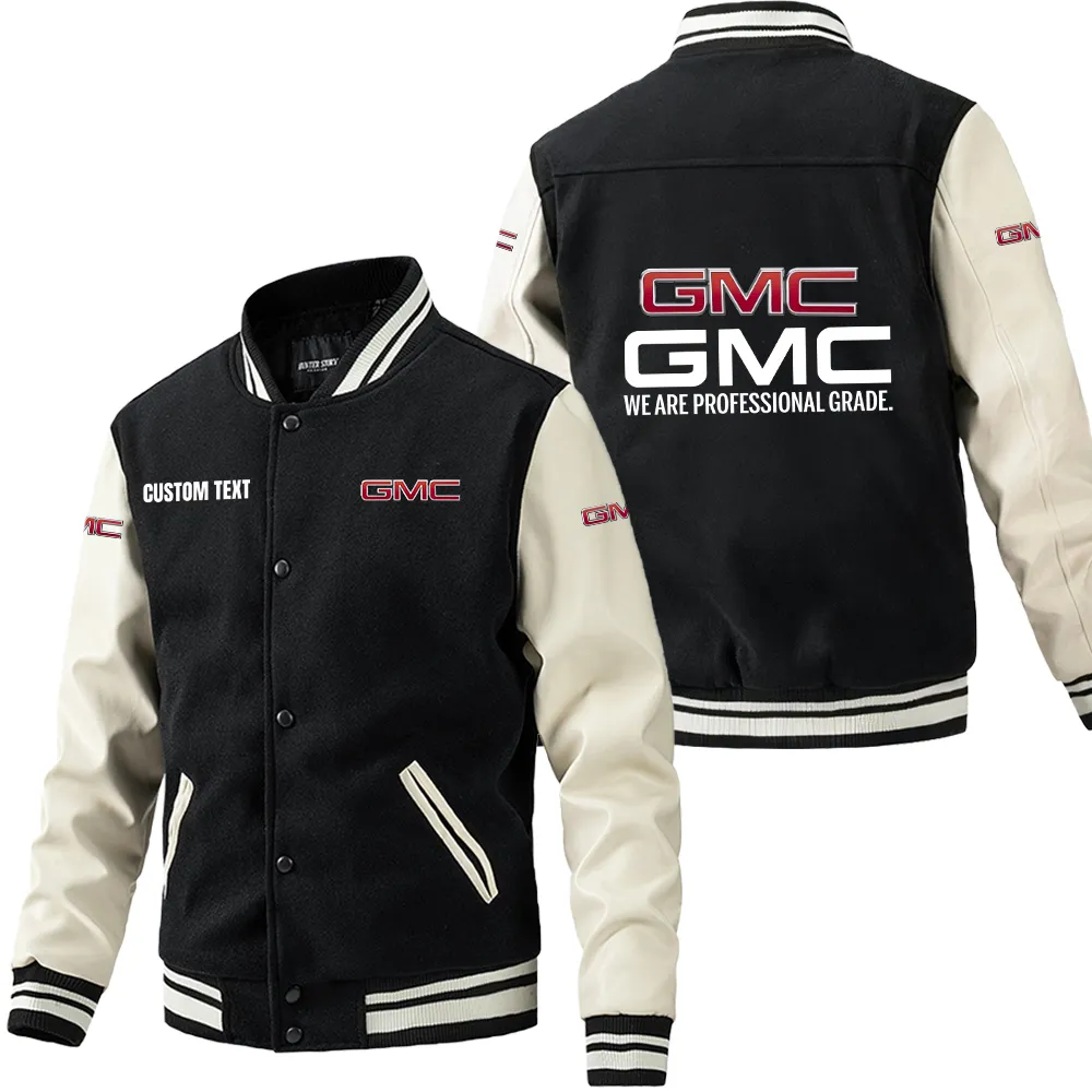 GMC Leder-Baseballjacke für Auto-Fans – Ärmel mit All-Over-Print, personalisierbar mit Wunschname CAR1801112102 - Schwarz Weiß