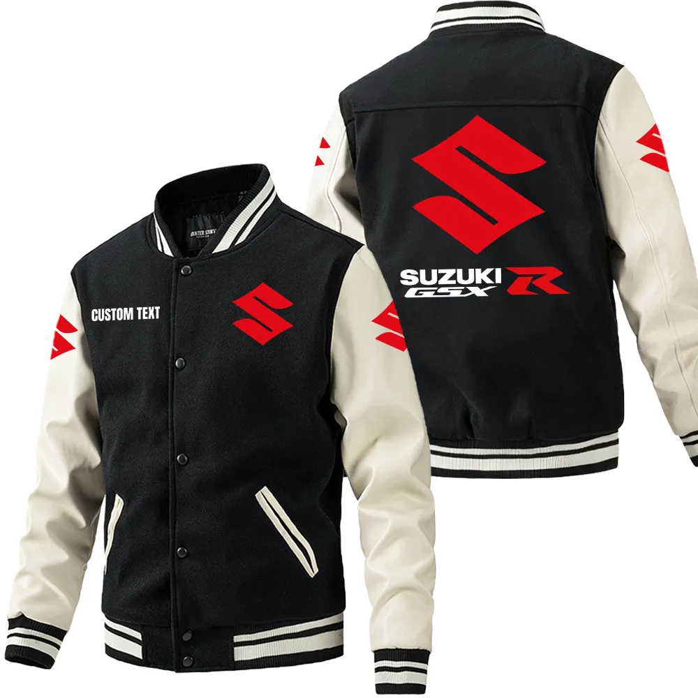 GsxR Leder-Baseballjacke für Auto-Fans – Ärmel mit All-Over-Print, personalisierbar mit Wunschname CAR1801112104 - Schwarz Weiß