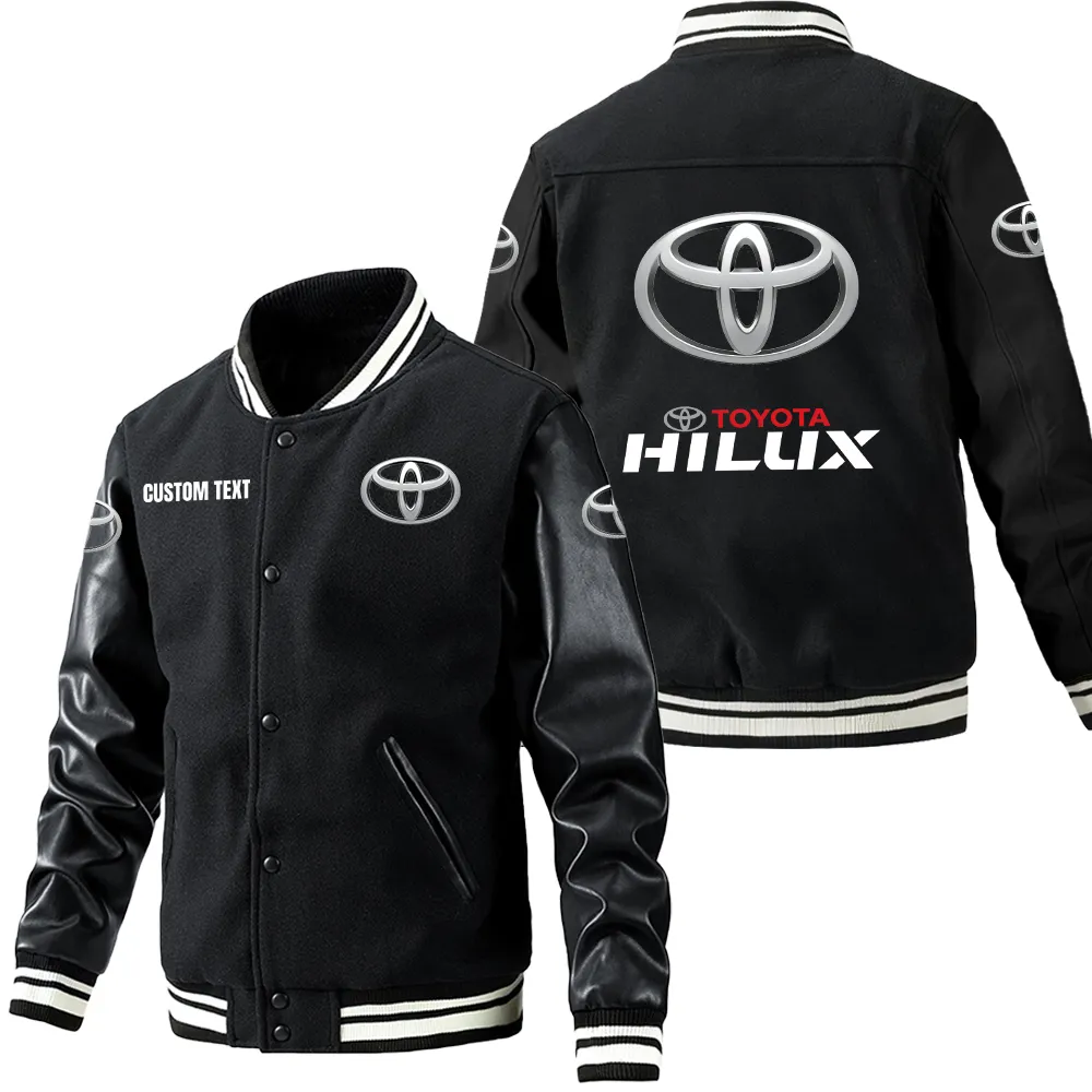 Hilux Leder-Baseballjacke für Auto-Fans – Ärmel mit All-Over-Print, personalisierbar mit Wunschname CAR1801112105 - Schwarz