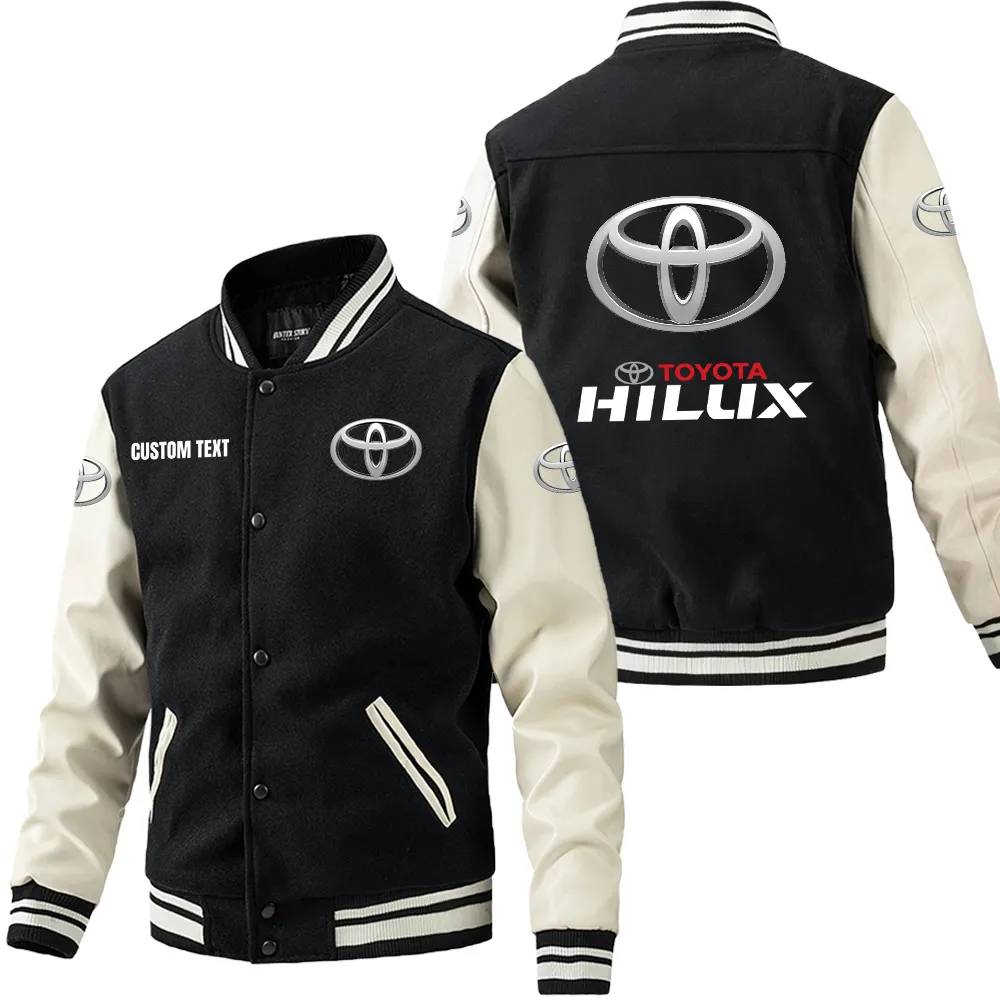 Hilux Leder-Baseballjacke für Auto-Fans – Ärmel mit All-Over-Print, personalisierbar mit Wunschname CAR1801112105 - Schwarz Weiß