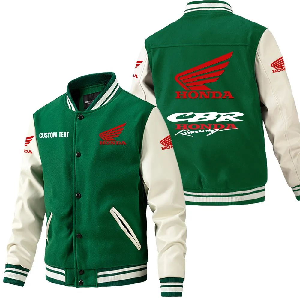 Honda CBR Leder-Baseballjacke für Auto-Fans – Ärmel mit All-Over-Print, personalisierbar mit Wunschname CAR1801112108 - Grün