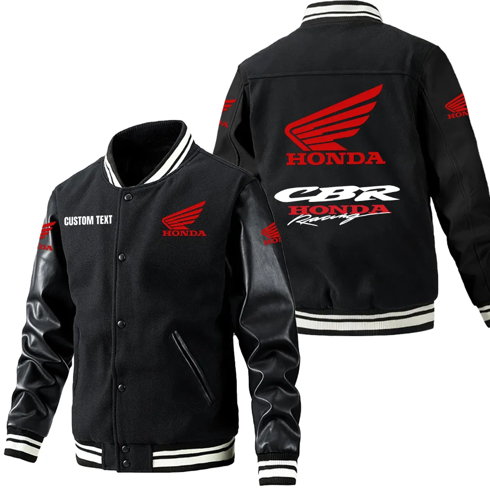 Honda CBR Leder-Baseballjacke für Auto-Fans – Ärmel mit All-Over-Print, personalisierbar mit Wunschname CAR1801112108 - Schwarz