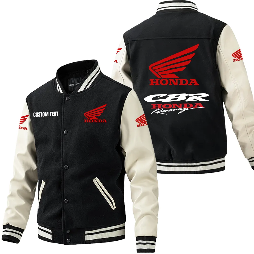 Honda CBR Leder-Baseballjacke für Auto-Fans – Ärmel mit All-Over-Print, personalisierbar mit Wunschname CAR1801112108 - Schwarz Weiß