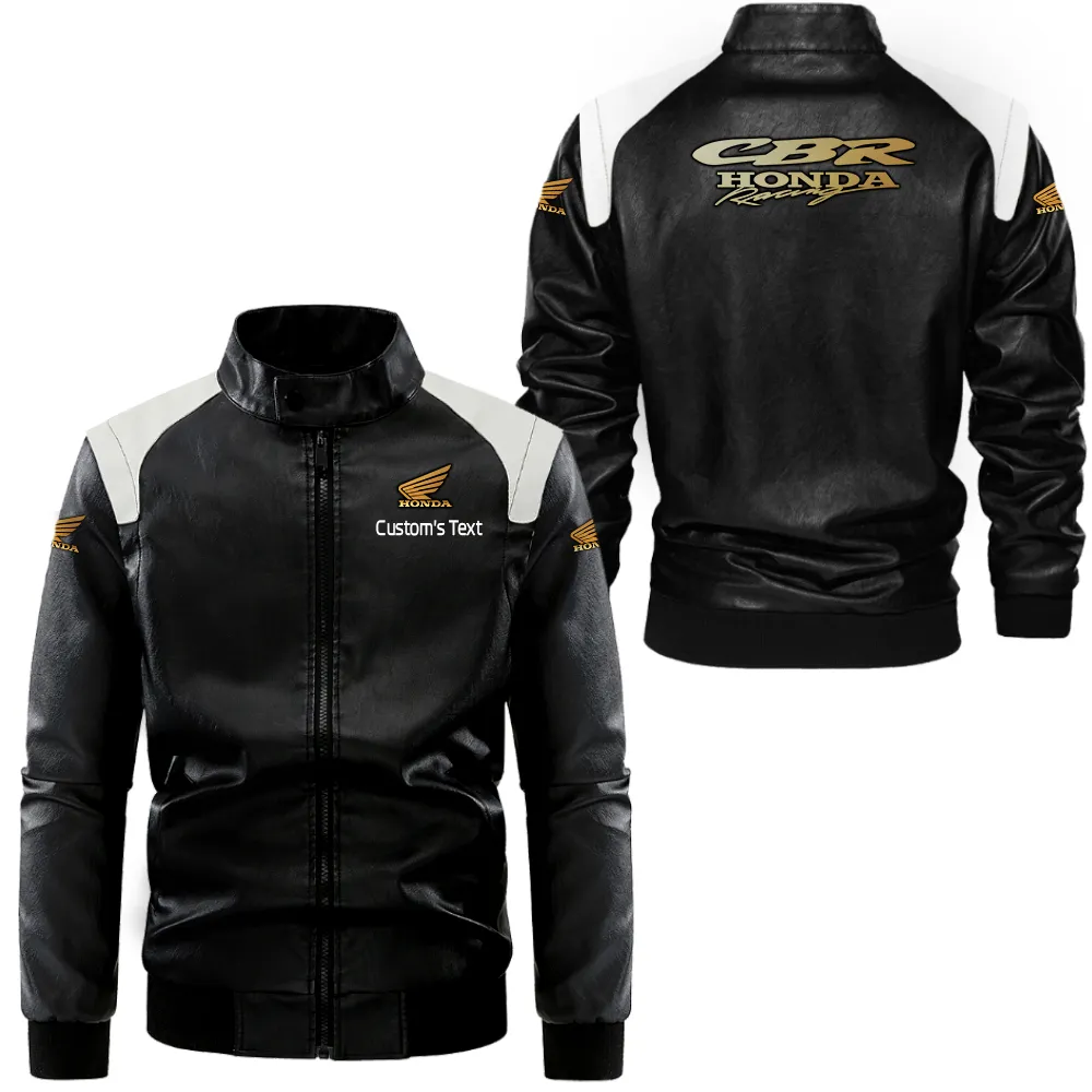 Honda CBR Lederjacke in Schwarz-Weiß für Auto-Fans, Allover-Print, personalisierbar mit Wunschname CAR0801062169
