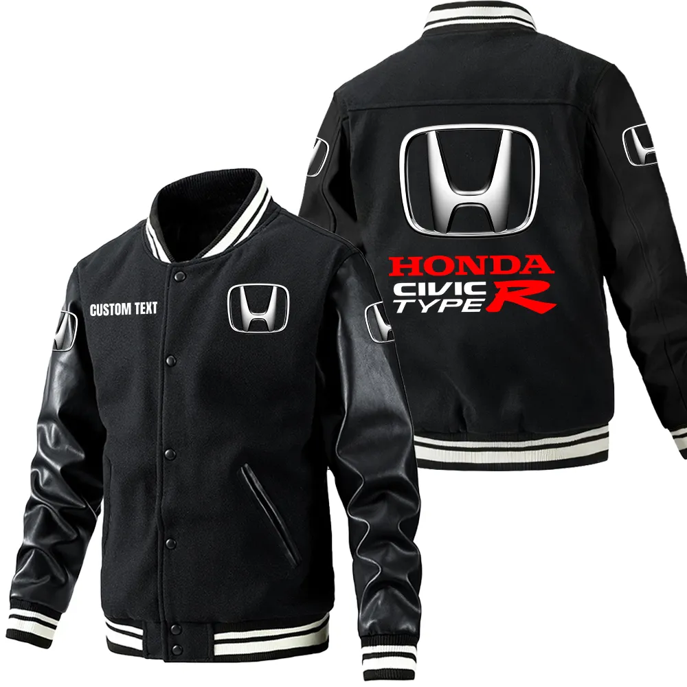 Honda Civic type R Leder-Baseballjacke für Auto-Fans – Ärmel mit All-Over-Print, personalisierbar mit Wunschname CAR1801112109 - Schwarz