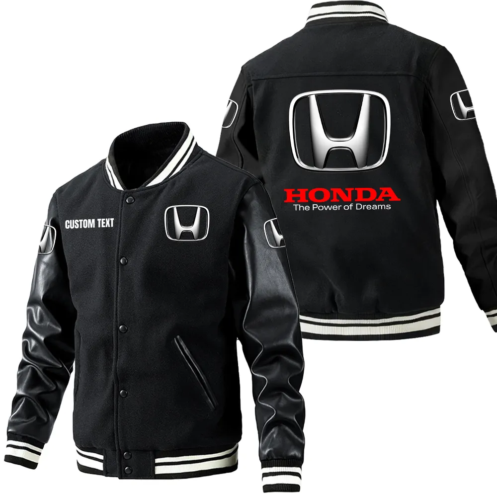 Honda Leder-Baseballjacke für Auto-Fans – Ärmel mit All-Over-Print, personalisierbar mit Wunschname CAR1801112110 - Schwarz